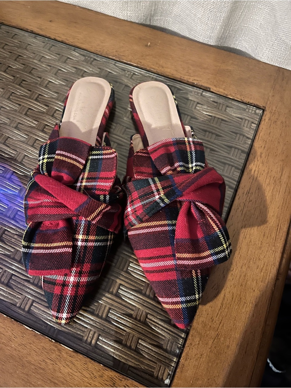 Plaid Bow Pointed Toe Mules - Red